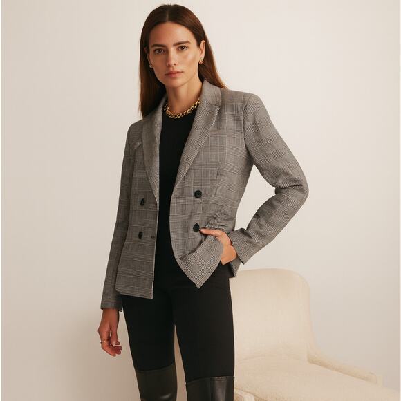 EMME MARELLA Micro Houndstooth Double Breasted Blazer Black White Sz 2 $268 {V4} - Picture 1 of 5